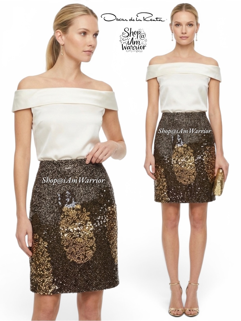 Oscar de la Renta RARE Runway 08 Metallic Gold Sequin Herringbone Brown Skirt